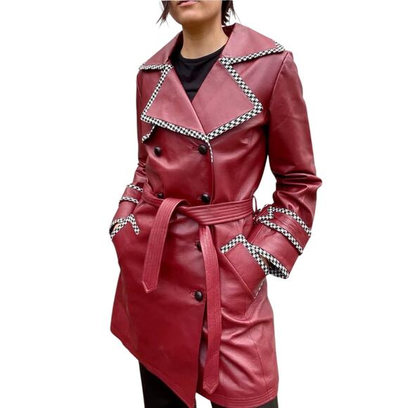 Vintage Spiegel Double Breasted Red Leather Houndstooth Detail Jacket, Size 6